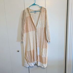 Monroe & Main Cream Pink Light Peach Crochet Long Cardigan Linen Cotton Button